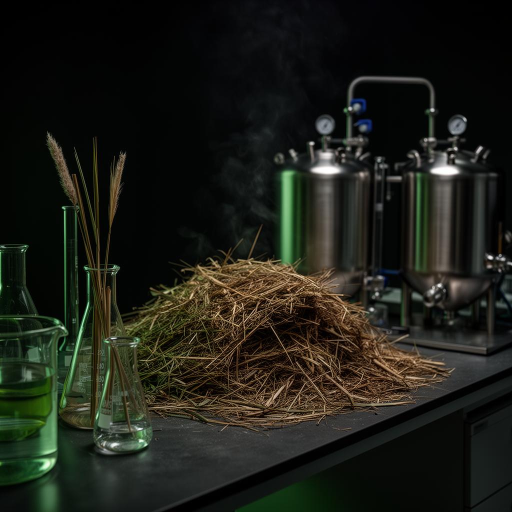 Harvested Phragmites biomass beside laboratory fermentation vessels